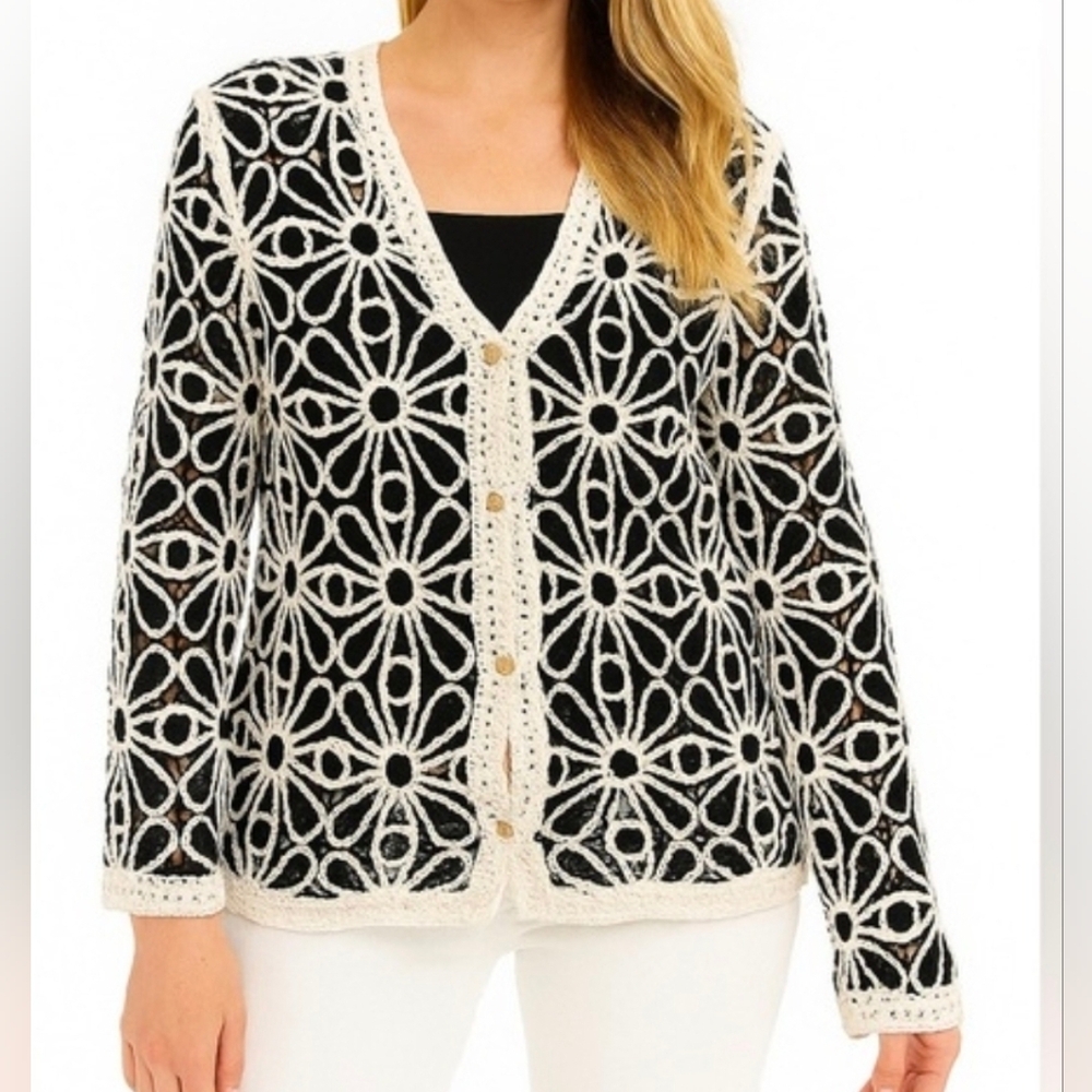 Solitaire Black/Cream Crochet Knit Cardigan‎ Button Front Boho Sweater Women’s S